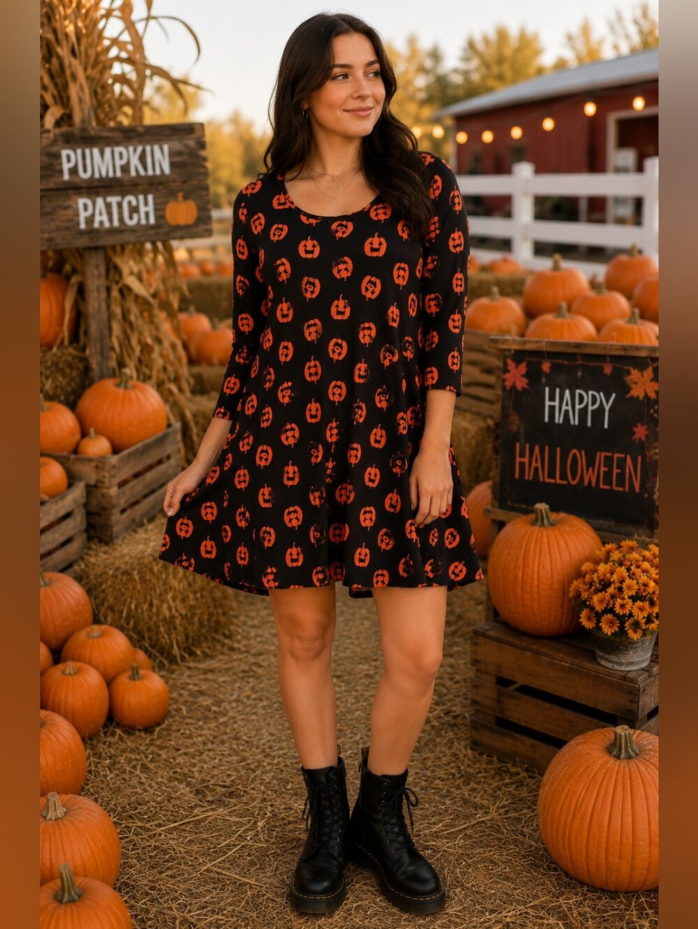 Just One You by Carter's Black & Orange Long Sleeve Pumpkin Print Dress - Picture 1 of 5
